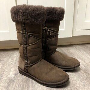 L.L. Bean Women's Size 10 Tall Boots Sherpa Moccasin Brown Fringe Ski Lodge Snow